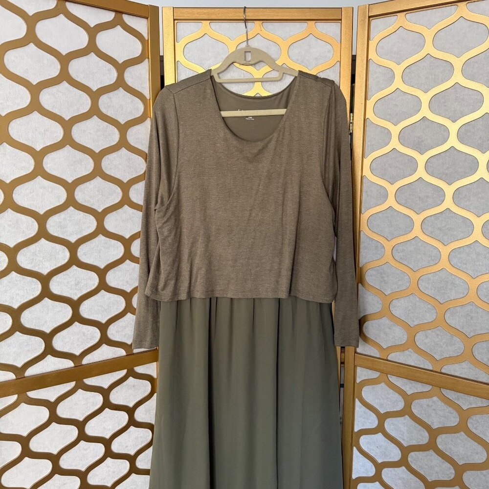 Soft Surroundings Size L NEW Olive Green Cassie Two-Layer Long Sleeve Maxi Dress - Picture 4 of 16